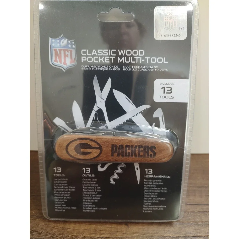 NFL Classic Green Bay  Packers Wooden Pocket Multi-Tool Swiss Army Knife 13 Tool